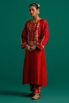 Anantaa by Roohi_Red Silk Chanderi Embroidered Floral Round Placement Kurta With Pant _at_Aza_Fashions