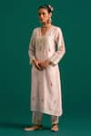 Anantaa by Roohi_Pink Silk Chanderi Hand Embroidered Sequins V Neck Kurta And Pant Set _at_Aza_Fashions