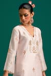 Anantaa by Roohi_Pink Silk Chanderi Hand Embroidered Sequins V Neck Kurta Pant Set _Online