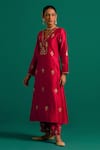 Anantaa by Roohi_Red Silk Chanderi Hand Embroidered Sequins V Neck Kurta And Pant Set _at_Aza_Fashions