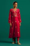 Buy_Anantaa by Roohi_Red Silk Chanderi Hand Embroidered Sequins V Neck Kurta Pant Set _Online_at_Aza_Fashions