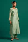 Anantaa by Roohi_Green Silk Chanderi Hand Embroidered Sequins Notched Resham Kurta Pant Set_at_Aza_Fashions