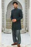Buy_Nitika Gujral_Blue Raw Silk Embroidered Resham Sherwani Set _Online_at_Aza_Fashions