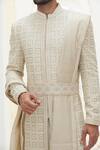 Buy_Nitika Gujral_Cream Silk, Cotton, Tussar, Lycra Crystals, Geometric Pattern Raw Sherwani Set _Online_at_Aza_Fashions