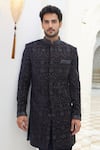 Shop_Nitika Gujral_Blue Velvet Embroidered Resham Dabka Sherwani Set _Online_at_Aza_Fashions