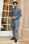 Nitika Gujral Blue Matka Tussar Embroidered Resham Baroque Pattern Sherwani Set Online at Aza Fashions Nitika Gujral_Blue Matka Tussar Embroidered Resham Baroque Pattern Sherwani Set _Online_at_Aza_Fashions