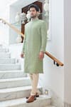 Nitika Gujral_Green Raw Silk Embroidered Resham Tonal Sherwani Set _Online_at_Aza_Fashions