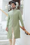 Buy_Nitika Gujral_Green Raw Silk Embroidered Resham Tonal Sherwani Set _Online_at_Aza_Fashions