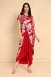 Style Junkiie_Red Georgette Embroidered Bloom Round High Low Wrap Tunic  _Online_at_Aza_Fashions