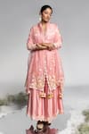 Shop_Madzin_Pink Chanderi Hand Embroidery Floral Deep V Neck Yoke Anarkali Set _at_Aza_Fashions