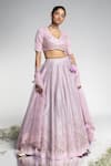 Buy_MADZIN_Purple Organza Hand Embroidery Pearls V Neck Floral Butti Bridal Lehenga Set _at_Aza_Fashions