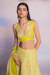 Buy_MADZIN_Green Cotton Satin Hand Embroidery Floral V Neck Two Tone Gota Lehenga Set _Online_at_Aza_Fashions