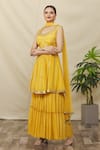 Shop_Samyukta Singhania_Yellow Crepe Hand Embroidered Mirror And Cut Dana Work Peplum Kurta Gharara Set _Online_at_Aza_Fashions