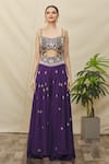 Samyukta Singhania_Purple Crepe Embroidery Bead Scallop V Neck Front Cut Out Jumpsuit _Online_at_Aza_Fashions