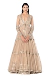 Buy_Abhinav Mishra_Beige Anarkali- Organza Embroidered Mirror Plunged V Tiered Jacket And Set_at_Aza_Fashions
