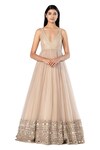 Abhinav Mishra_Beige Anarkali- Organza Embroidered Mirror Plunged V Tiered Jacket And Set_Online_at_Aza_Fashions