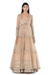 Abhinav Mishra_Beige Anarkali- Organza Embroidered Mirror Plunged V Tiered Jacket And Set_at_Aza_Fashions