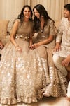 Buy_Abhinav Mishra_Beige Kurta And Sharara- Net Embroidered Mirror V Neck Peplum Set