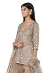 Abhinav Mishra_Beige Net Embroidered Mirror Plunged V Embellished Short Kurta Sharara Set_Online_at_Aza_Fashions