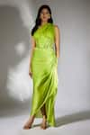 Buy_Masumi Mewawalla_Green Satin Organza Embroidery Geometric Applique Ruched Top And Draped Skirt _at_Aza_Fashions