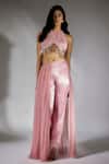 Buy_Masumi Mewawalla_Pink Mashru Embellished Tassel Halter Neck Top And Pant Set _at_Aza_Fashions