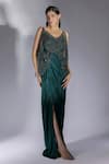 Buy_Masumi Mewawalla_Green Gajji Embroidery Sequin Cowl Neck Draped Dress _at_Aza_Fashions