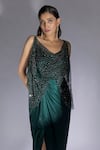 Buy_Masumi Mewawalla_Green Gajji Embroidery Sequin Cowl Neck Draped Dress _Online_at_Aza_Fashions