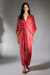 Buy_Masumi Mewawalla_Red Crepe Embroidery Cutdana Plunge V Neck Stripe Draped Dress _at_Aza_Fashions