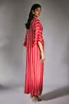 Shop_Masumi Mewawalla_Red Crepe Embroidery Cutdana Plunge V Neck Stripe Draped Dress _at_Aza_Fashions