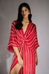 Buy_Masumi Mewawalla_Red Crepe Embroidery Cutdana Plunge V Neck Stripe Draped Dress _Online_at_Aza_Fashions