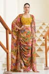 Buy_BAIRAAS_Yellow Jacket And Skirt Crepe Printed Floral Scoop Draped Set_at_Aza_Fashions