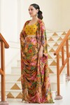 BAIRAAS_Yellow Jacket And Skirt Crepe Printed Floral Scoop Draped Set_Online_at_Aza_Fashions