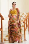 Buy_BAIRAAS_Yellow Jacket And Skirt Crepe Printed Floral Scoop Draped Set_Online_at_Aza_Fashions