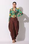 Buy_Bairaas_Green Top Muslin Printed Leaf Notched Collar Abstract And Draped Pant Set_at_Aza_Fashions