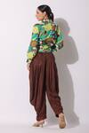 Shop_Bairaas_Green Top Muslin Printed Leaf Notched Collar Abstract And Draped Pant Set_at_Aza_Fashions