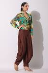 Buy_Bairaas_Green Top Muslin Printed Leaf Notched Collar Abstract And Draped Pant Set_Online_at_Aza_Fashions