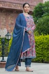 Buy_BAIRAAS_Blue Kurta And Dupatta Chinnon Printed Floral Blunt V Neck Flower Pant Set_at_Aza_Fashions