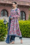 BAIRAAS_Blue Kurta And Dupatta Chinnon Printed Floral Blunt V Neck Flower Pant Set_Online_at_Aza_Fashions