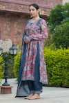 Shop_BAIRAAS_Blue Kurta And Dupatta Chinnon Printed Floral Blunt V Neck Flower Pant Set _Online_at_Aza_Fashions