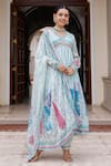 Buy_BAIRAAS_Blue Anarkali And Muslin Chinnon Printed Floral V Neck Flower Pant Set_at_Aza_Fashions