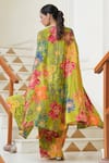 Shop_BAIRAAS_Green Crepe Floral Cape Open Pattern Jacket Draped Skirt Set _at_Aza_Fashions