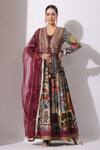 Buy_Bairaas_Maroon Anarkali Dola Silk Printed Persian Art Blunt V With Dupatta_at_Aza_Fashions