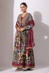 Buy_Bairaas_Maroon Anarkali Dola Silk Printed Persian Art Blunt V With Dupatta_Online_at_Aza_Fashions
