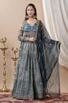 Buy_BAIRAAS_Blue Anarkali Dola Silk Flower V Neck Pattern With Organa Dupatta _at_Aza_Fashions