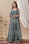 BAIRAAS_Blue Anarkali Dola Silk Flower V Neck Pattern With Organa Dupatta _Online_at_Aza_Fashions