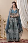 Shop_BAIRAAS_Blue Anarkali Dola Silk Flower V Neck Pattern With Organa Dupatta _Online_at_Aza_Fashions