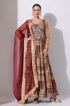 Buy_BAIRAAS_Maroon Anarkali Dola Silk Flower U Neck Embellished Yoke With Dupatta _at_Aza_Fashions