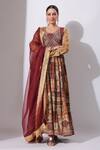 BAIRAAS_Maroon Anarkali Dola Silk Flower U Neck Embellished Yoke With Dupatta_Online_at_Aza_Fashions