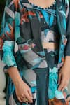 BAIRAAS_Blue Muslin Floral Blouse Scoop Pattern Flared Pant Set With Jacket_at_Aza_Fashions