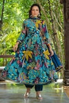 Buy_BAIRAAS_Blue Anarkali Crepe Printed Floral V Neck Angarkha Set_Online_at_Aza_Fashions